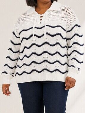 NWT Talbots Flame Stitch Johnny Collar Pullover White Indigo Plus Petite 3X